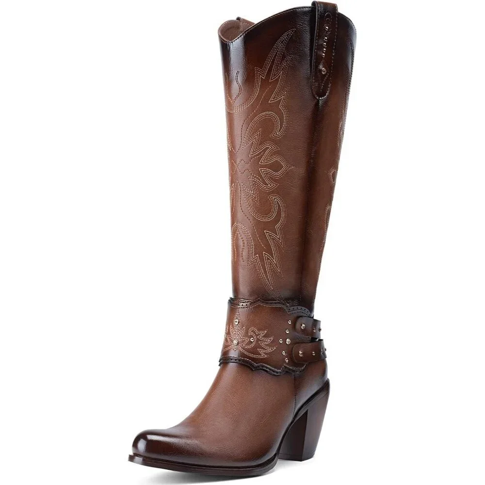 Women's Brown Cowgirl Boots Knee High, Ladies Tall Western Boots Rounded